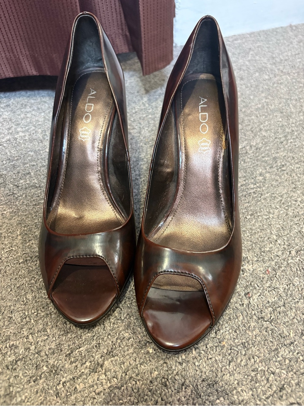 ALDO Dark Brown Peep-Toe Leather Heels